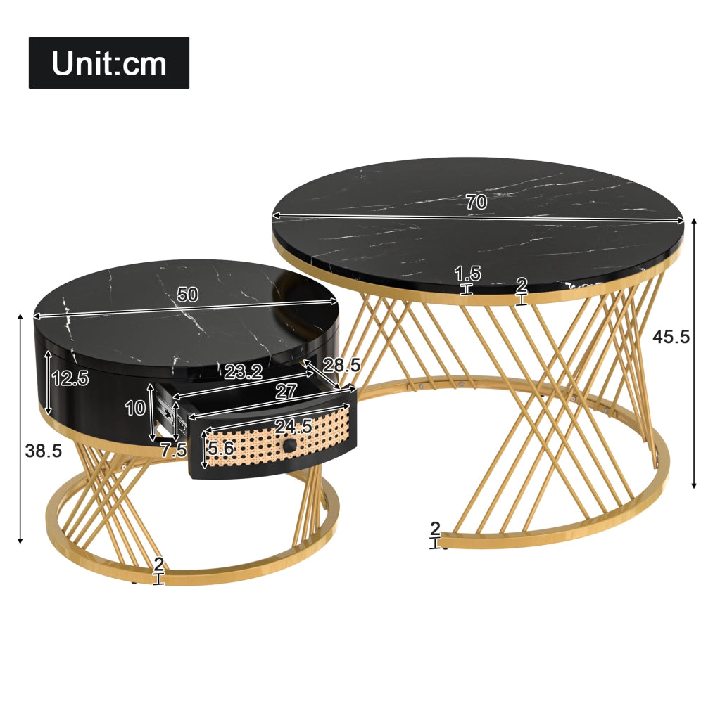 Tavolino da salotto rotondo 2 in 1 con effetto marmo; MDF nero e dettagli oro; 70/50 cm