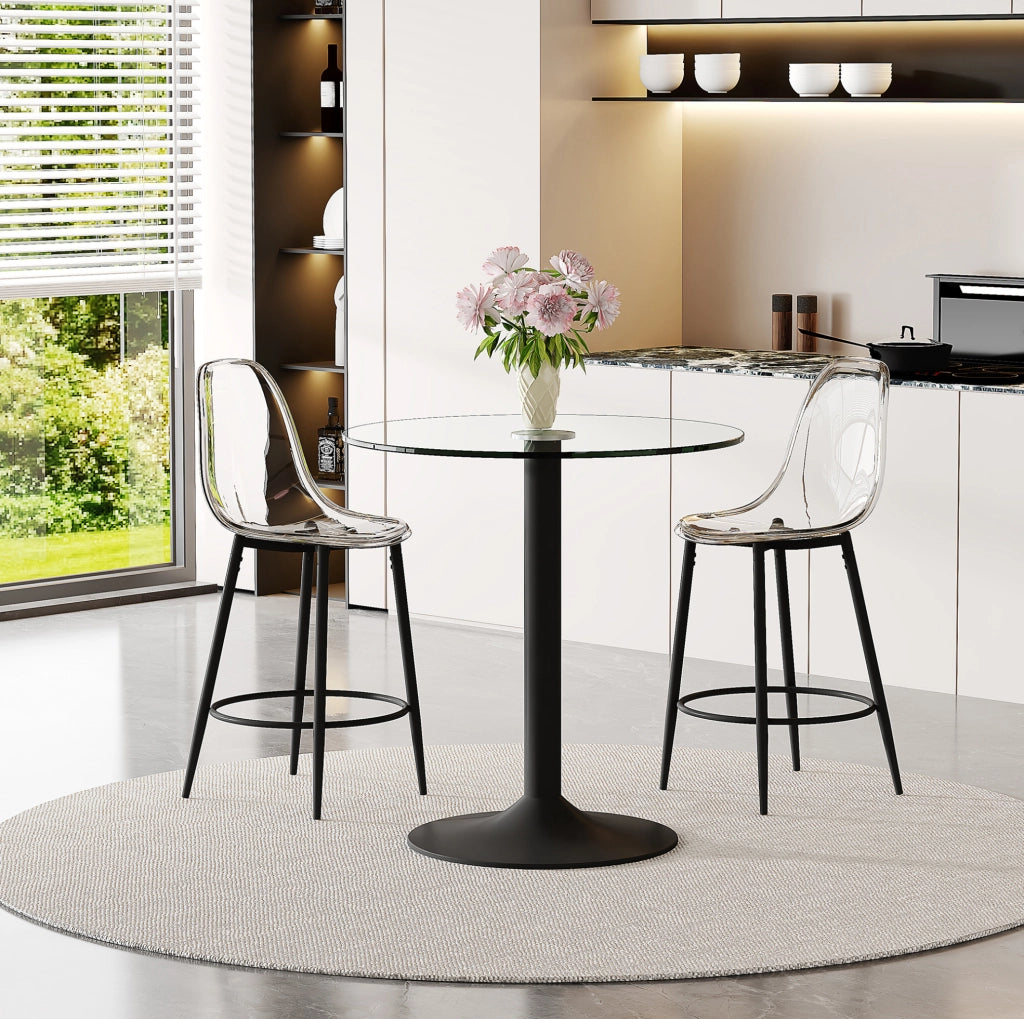 Set bar Ø89 cm nero, vetro e metallo - con 2 sgabelli trasparenti