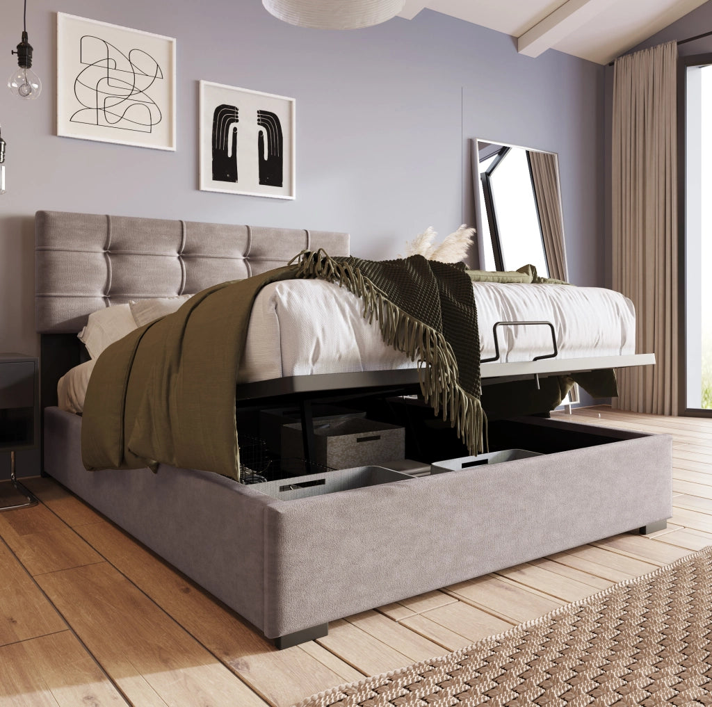 Letto imbottito 90x200 con testiera regolabile e contenitore salvaspazio