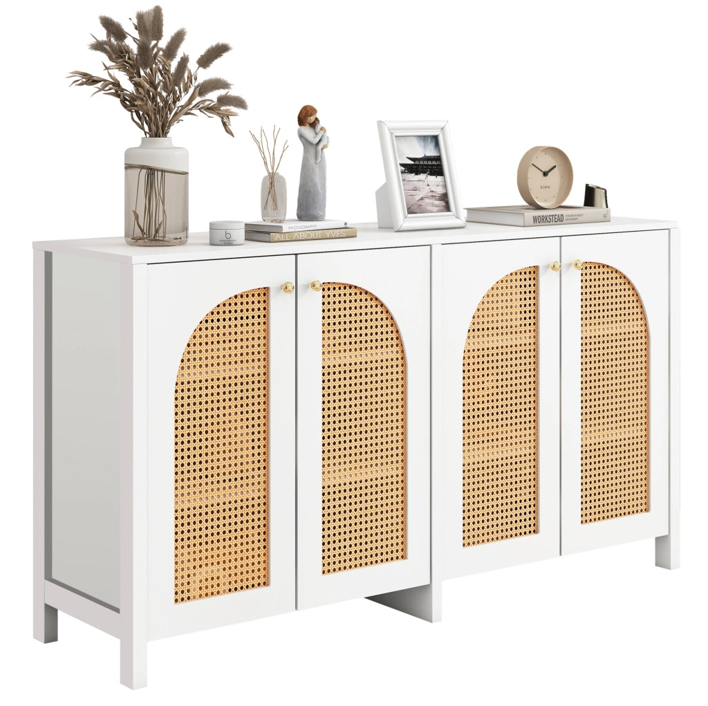 Sideboard a 4 ante; in MDF; truciolare e rattan sintetico; bianco