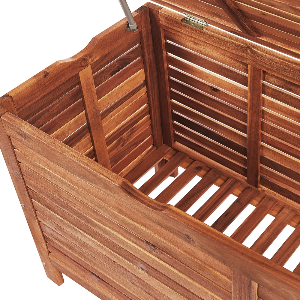 Cassa baule cesta da giardino in legno scuro di acacia 130 x 64 cm con coperchio per mobili da esterno