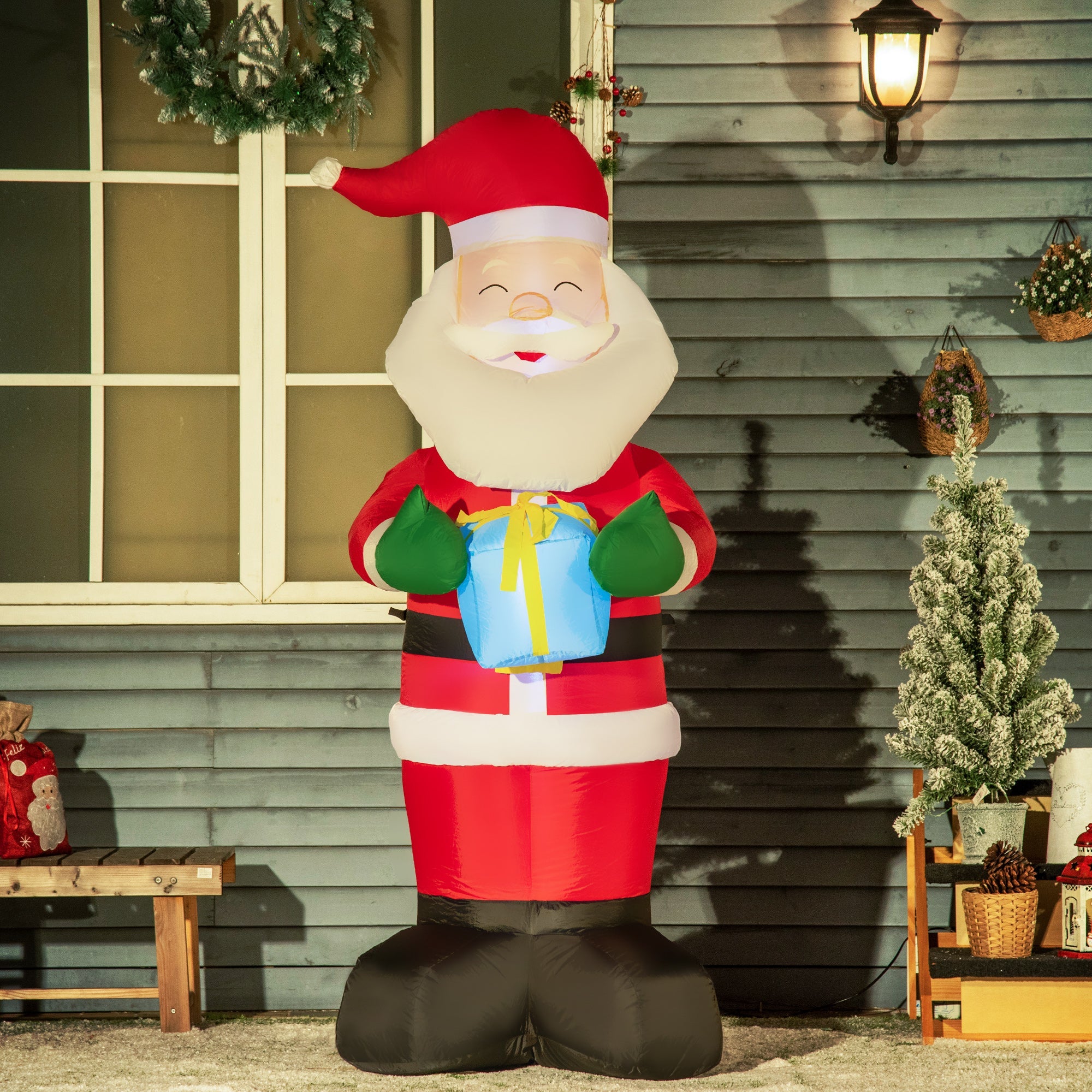 Babbo Natale Gonfiabile 77x68x184 cm con Regalo e 3 Luci LED