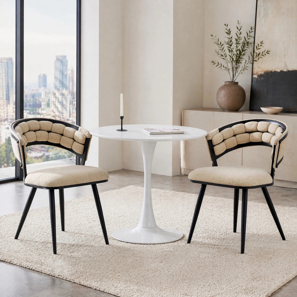 Sedia da Pranzo Set da 2 con Schienale Trapuntato e Gambe in Metallo in Velluto Beige e Nero