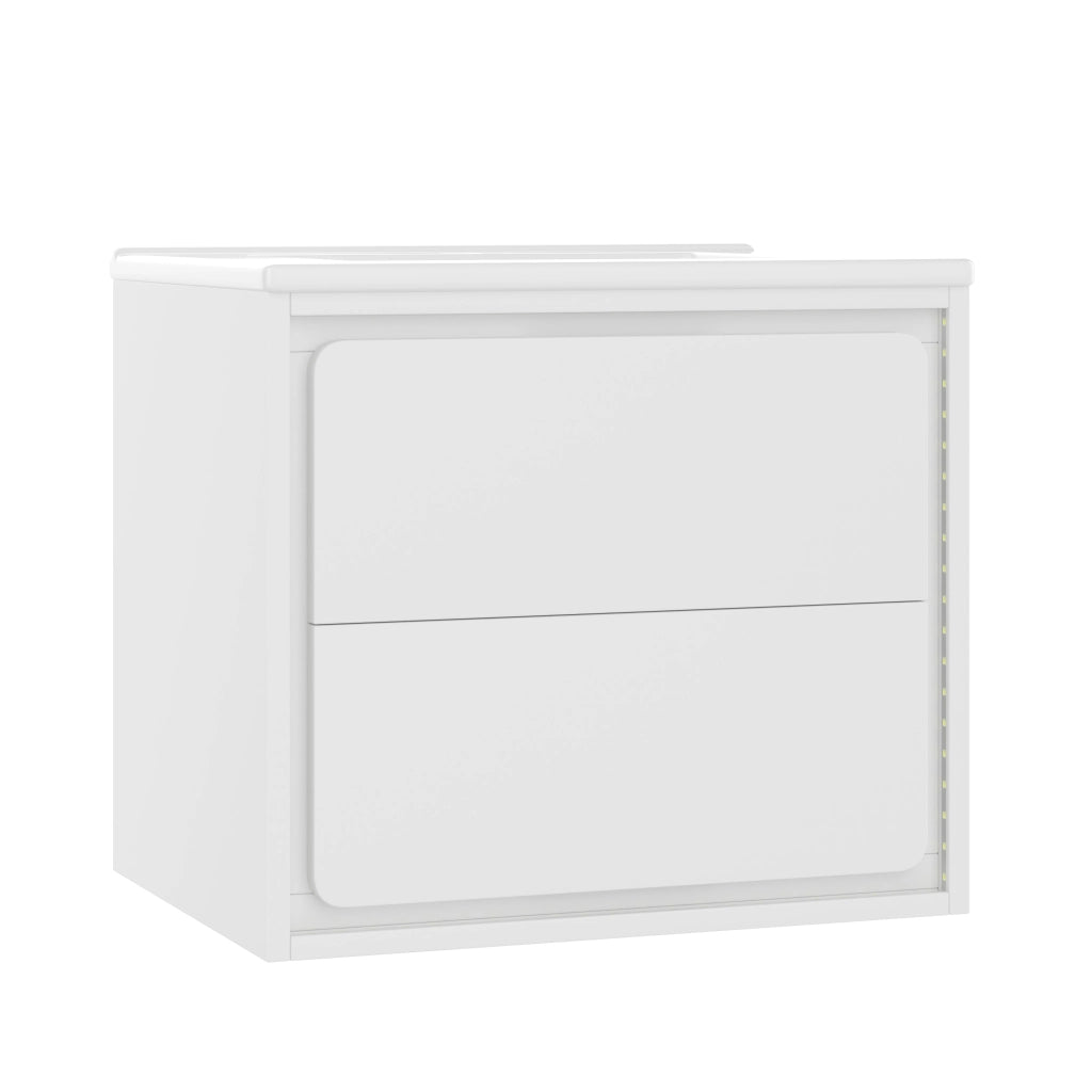 Mobile bagno sospeso 60x46x50 cm bianco con lavabo integrato in ceramica, 2 cassetti, luce LED con sensore radar, struttura in MDF
