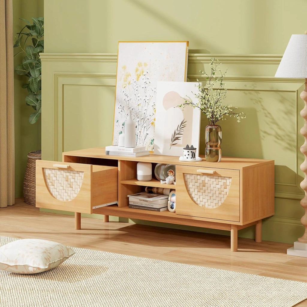 Mobile TV in legno per TV fino a 55", gambe in legno massello, panca TV con 2 cassetti e ripiano aperto a 2 livelli, stile Boemia, 120 x 35 x 45,5 cm, naturale