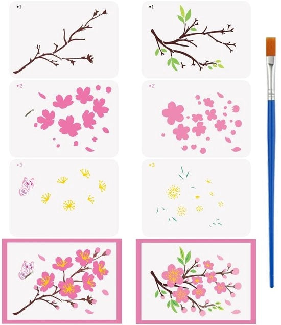 Scheda per pittura 6 pezzi - Disegno di un muro di ciliegie in fiore - Materiale plastico riutilizzabile - Dimensioni A4 29,7x21cm - Per parete/stuoia - Ispirazione creativa - Stencil