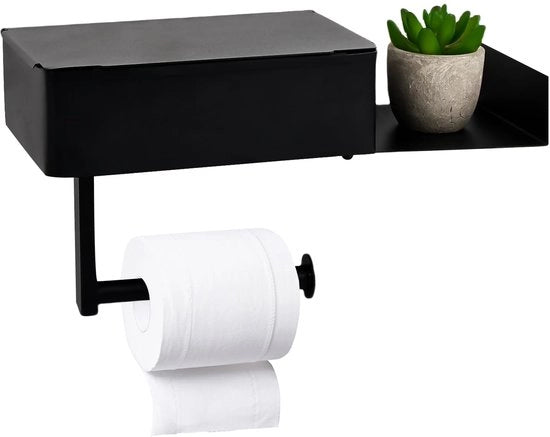 Supporto per carta igienica senza foratura con pannello, Supporto per carta igienica in acciaio inox con contenitore per tessuti umidi, Supporto per carta igienica per bagno, Supporto per carta igienica per cucina e bagno, Matzwart