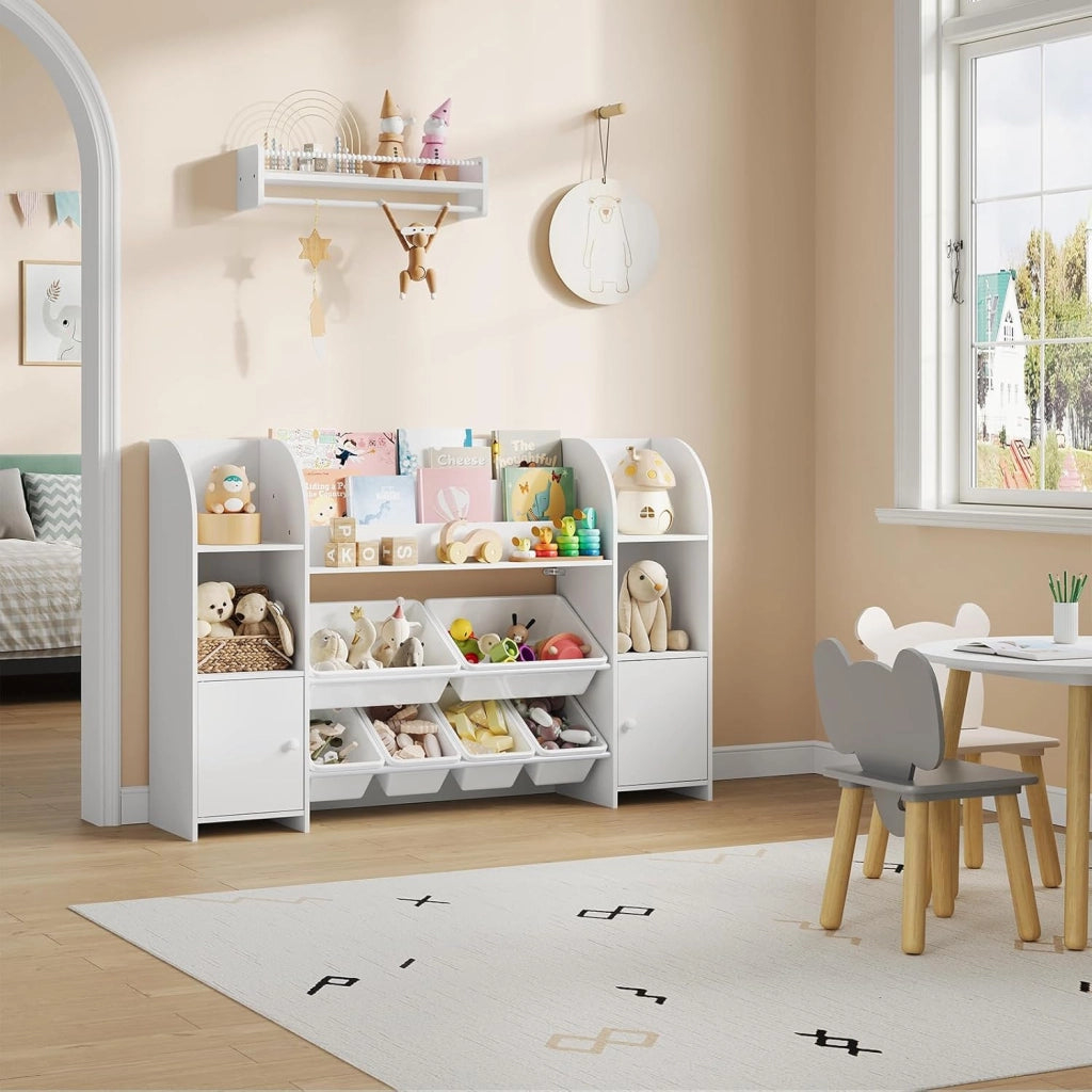 Libreria Montessoriana per Bambini, Scaffale con 2 Armadietti e 6 Contenitori Rimovibili in Plastica, per Cameretta e Soggiorno, in Legno, 135,8x29,8x90 cm, Bianco