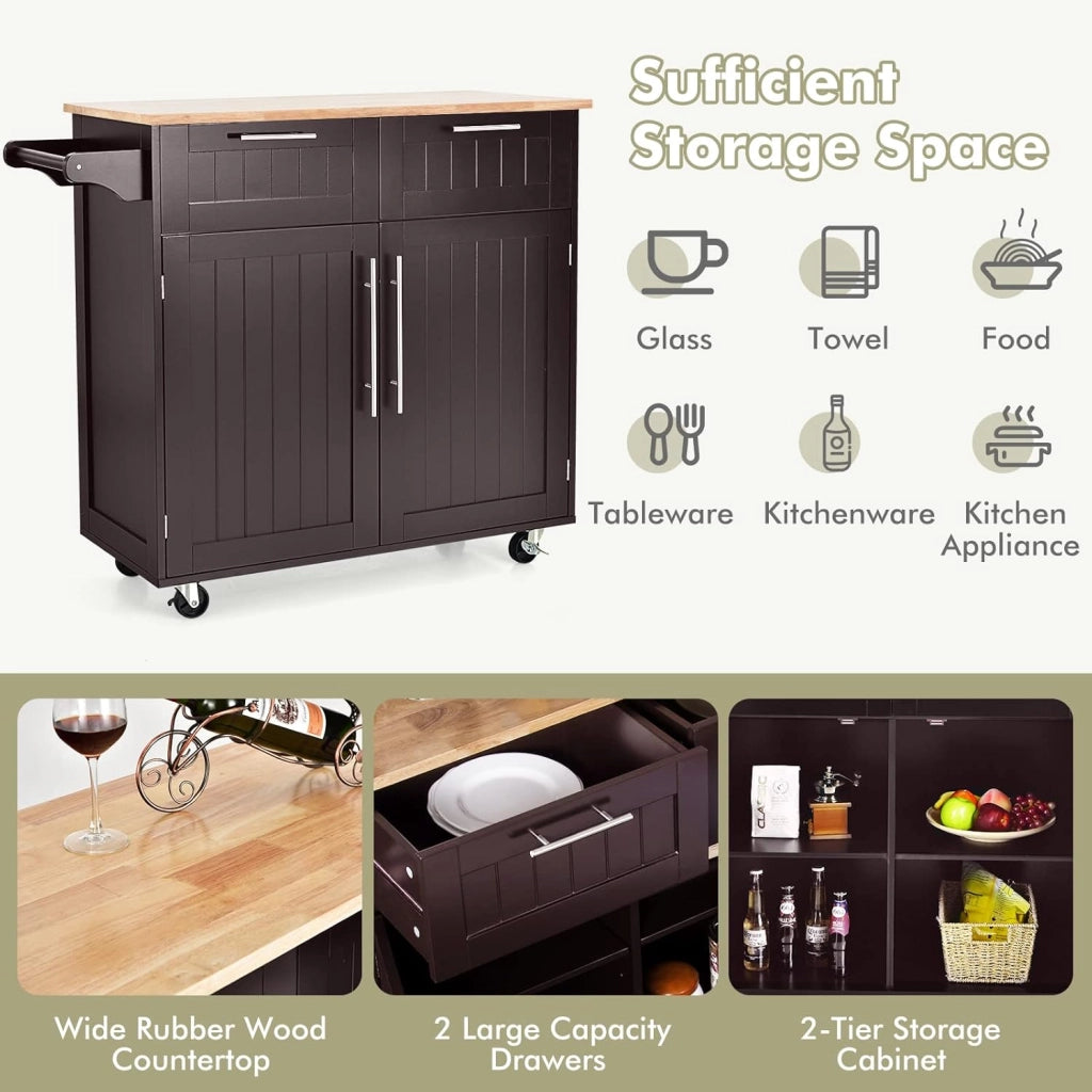 Carrello da Cucina in Legno con Piano di Lavoro, Armadio da Cucina su Ruote, Carrello da Portata con Portasciugamani e 2 Cassetti, Isola da Cucina Mobile, 3 Colori