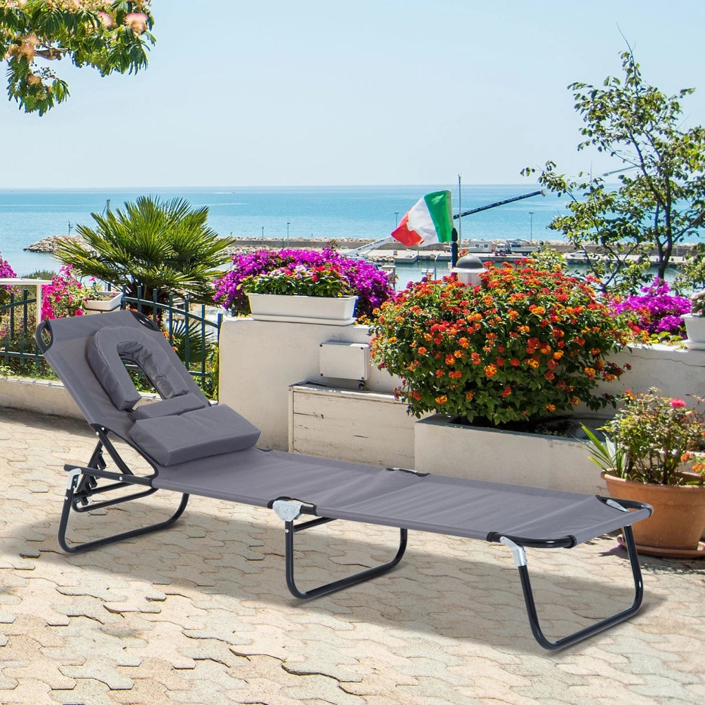Easycomfort Sedia Sdraio da Esterno Pieghevole con Foro per il Viso e Cuscini, Lettino Prendisole da Giardino, Spiaggia e Campeggio, Grigio