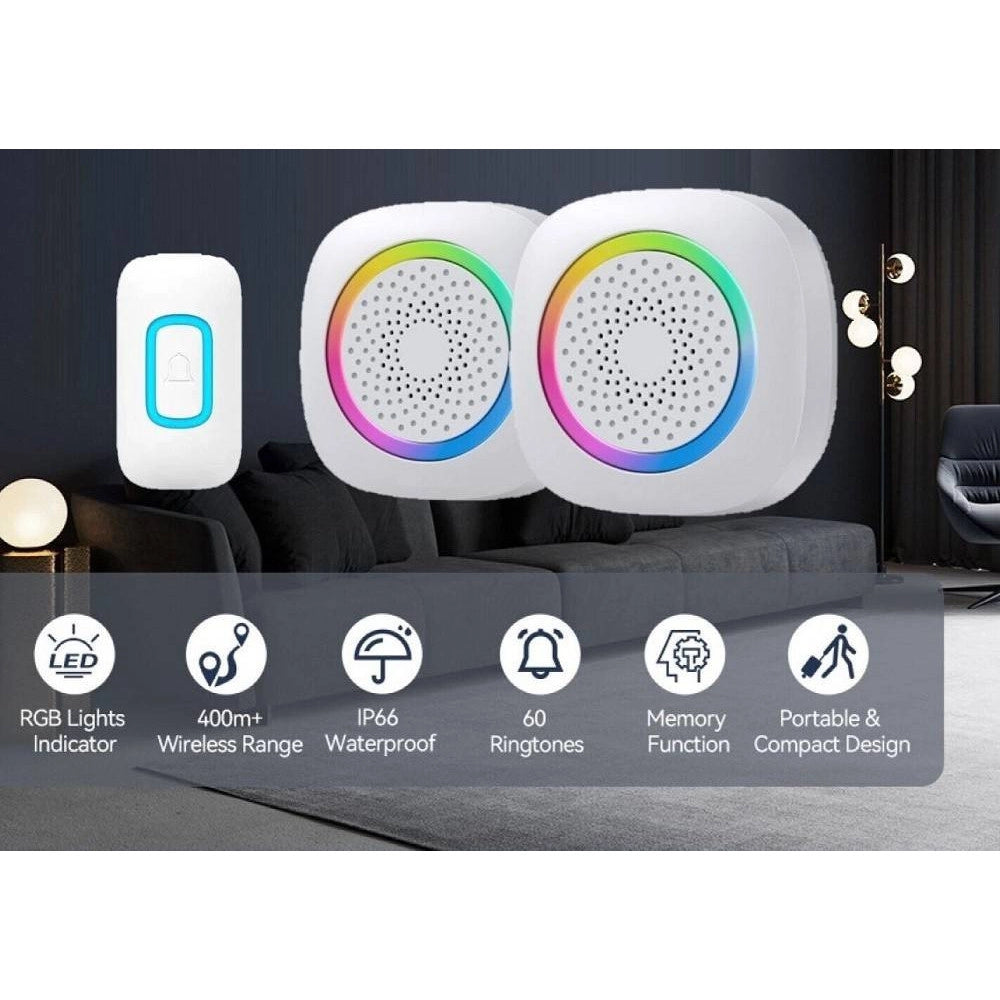 Trade Shop - Set 2 Campanelli Senza Fili Wireless 2 Ricevitori Luce Rgb 60 Melodie Rl-2r3995 -