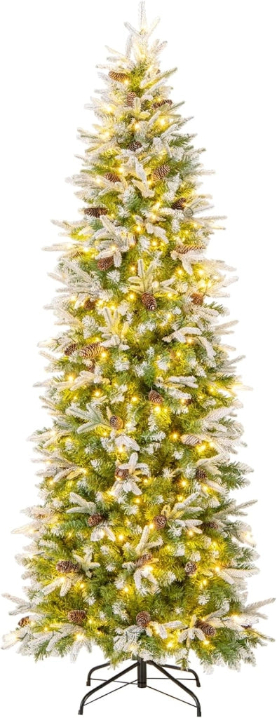 Albero di Natale Slim Pre-Luminoso 225 CM, Albero di Natale Artificiale Innevato con 350 Luci LED Bianche Calde, Rami Articolati e 913 Punte e 75 Pigne (225 CM)