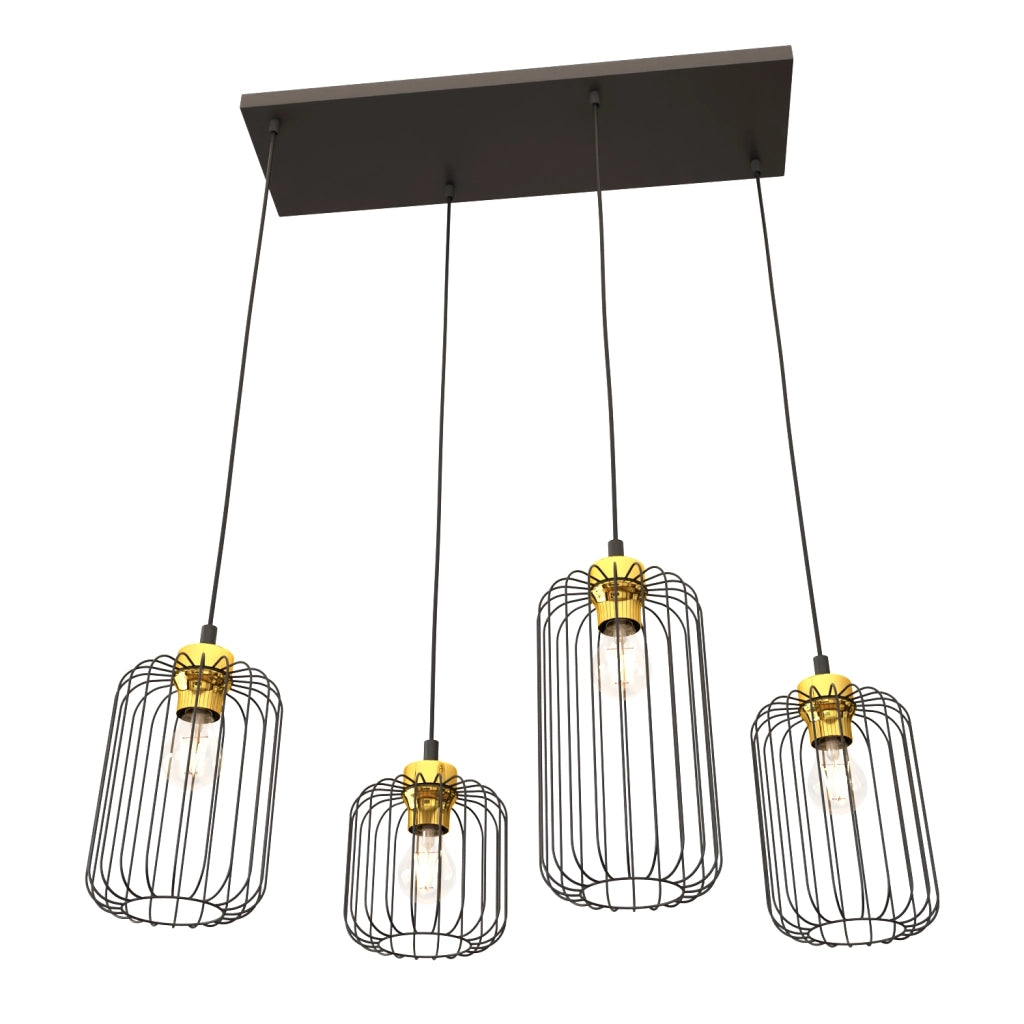 Sospensione Minimal Industrial Donar 4 Luci Lineari Nera E Oro