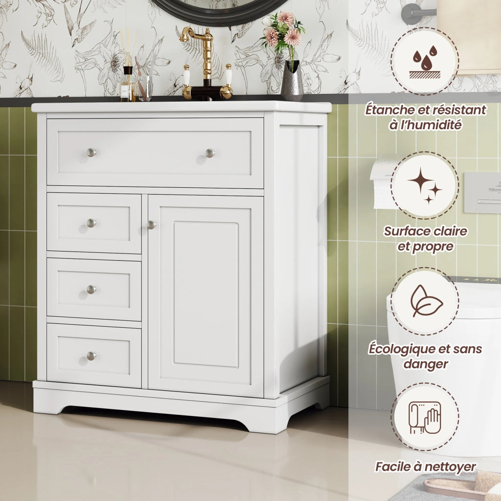 Mobile sottolavabo con lavabo in ceramica, 1 anta e 4 cassetti, finitura laccata, per bagno, bianco, 76 × 46 × 87 cm