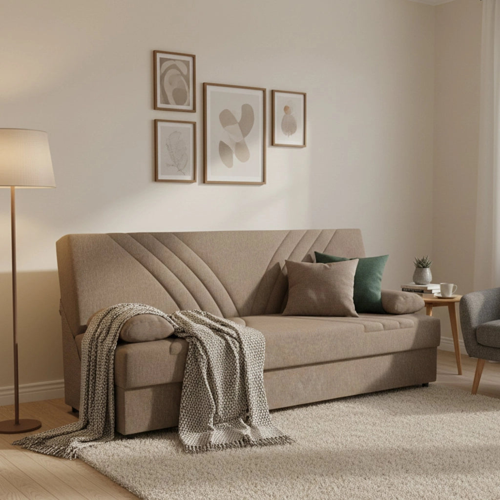 Divano letto Apicella, Divano letto contenitore a 3 posti con 2 cuscini inclusi, SofÒ  da soggiorno in tessuto imbottito con apertura click-clack, Cm 181x81h88, Beige