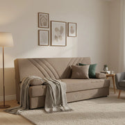 Divano letto Apicella, Divano letto contenitore a 3 posti con 2 cuscini inclusi, SofÒ  da soggiorno in tessuto imbottito con apertura click-clack, Cm 181x81h88, Beige