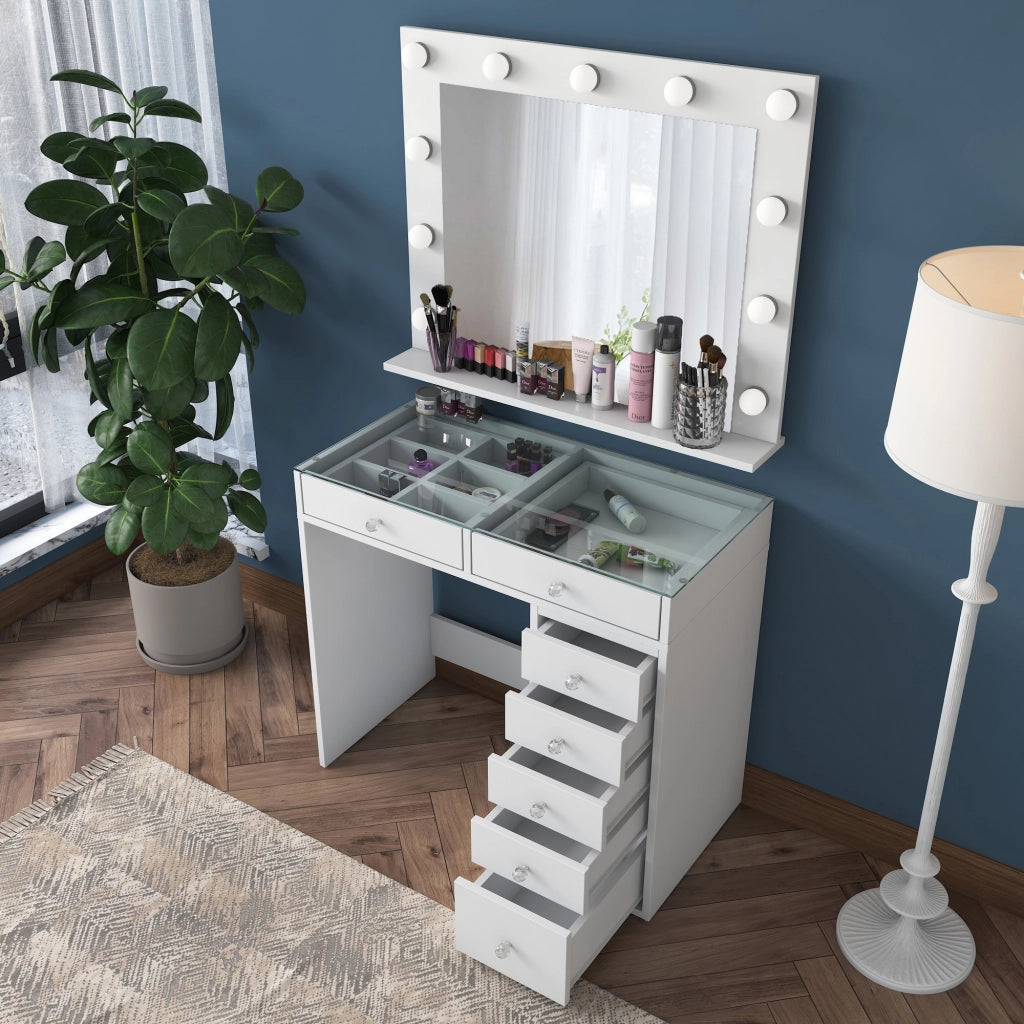 Tavolino da toilette "Kona" con specchio in legno - 90 x 44 x 80 cm - Bianco