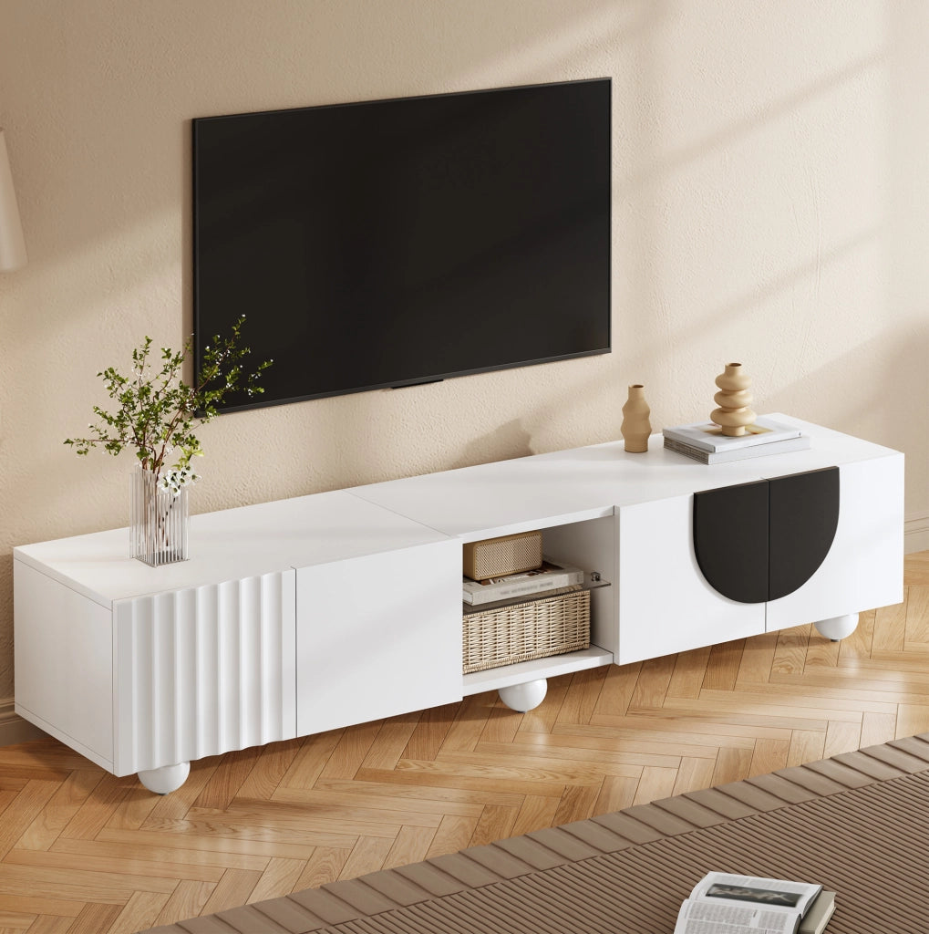 Mobile porta TV minimalista bianco e nero con vani aperti e chiusi, 180 cm