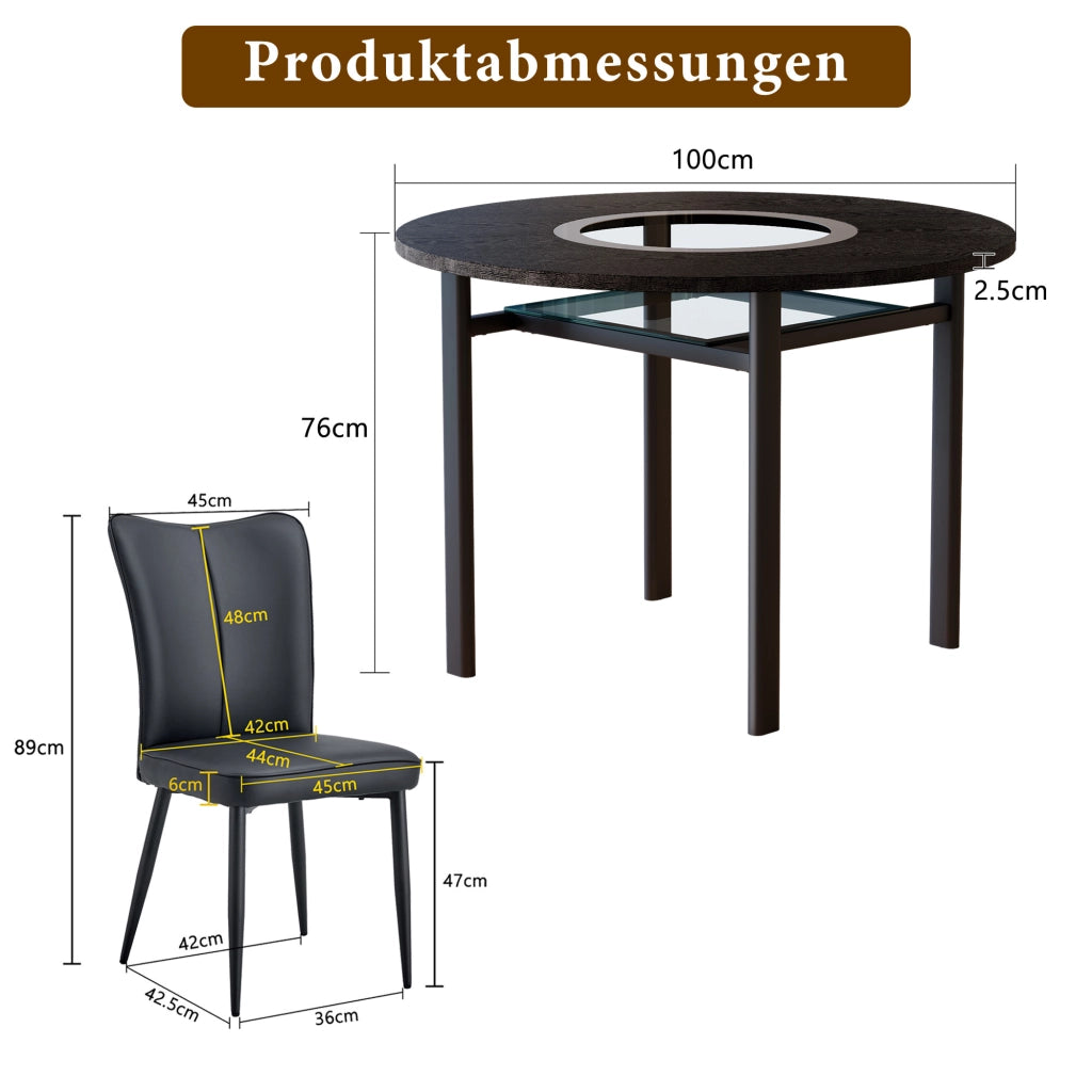 Tavolo da pranzo rotondo con 2 sedie, piano in MDF e vetro, stile minimalista, per soggiorno, nero, diametro 100 cm