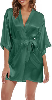 Kimono da bagno in seta per donne, leggera, con cintura, verde, M