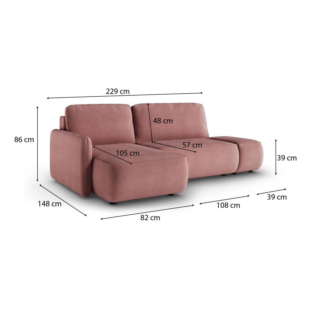 Rezzo, Divano Letto con Penisola Contenitore, 229x148 cm Rosa