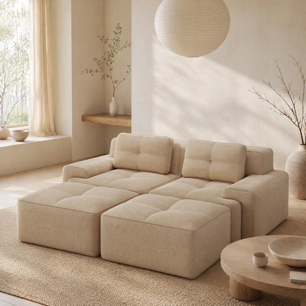 Divano modulare a U beige in velluto a coste con seduta profonda 74 cm