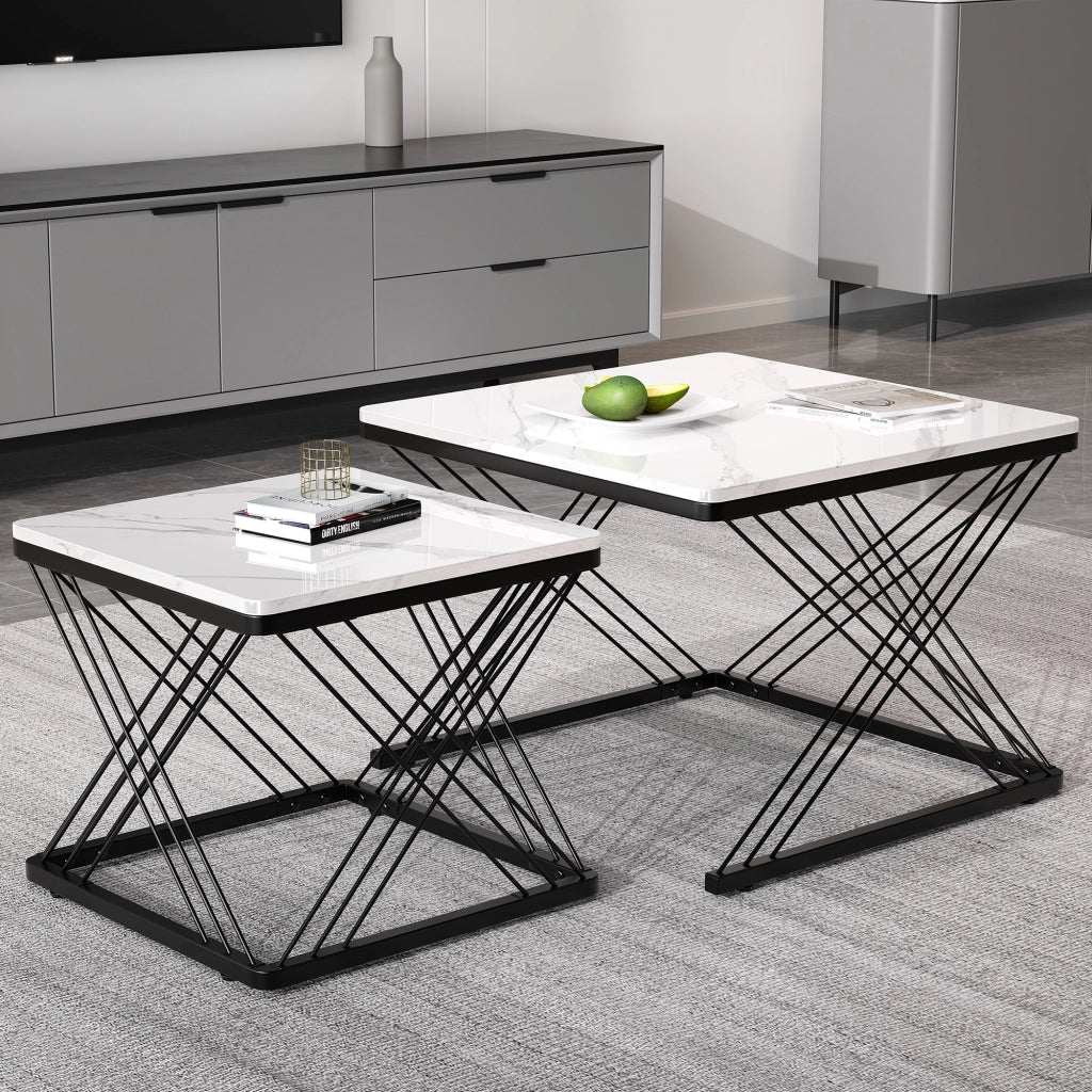 TAVOLINO DA SALOTTO Set da 2 pezzi 60x60x45 cm e 45x45x40 cm MDF Bianco/Nero