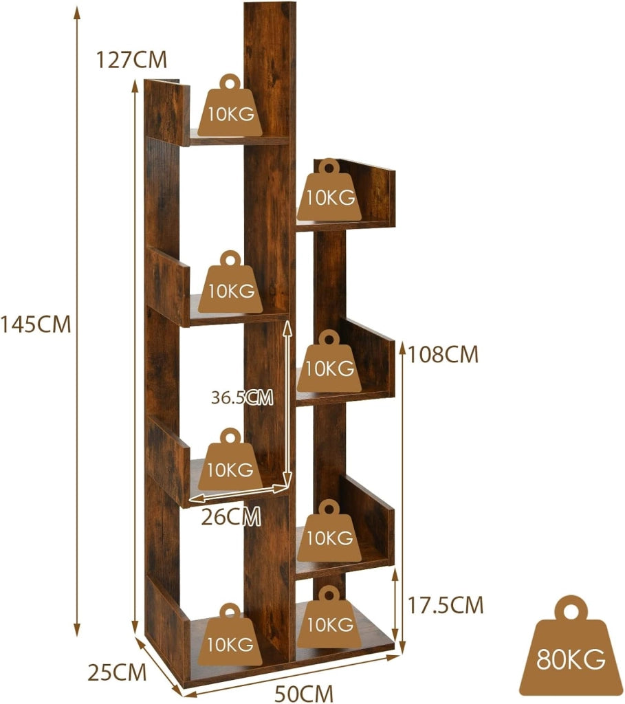 Scaffale Libreria a Albero, a 8 Livelli, Ideale per Soggiorno, Studio e Ufficio, Stile Moderno, Nero/Bianco/Marrone, 50x24,5x145 cm (Marrone)