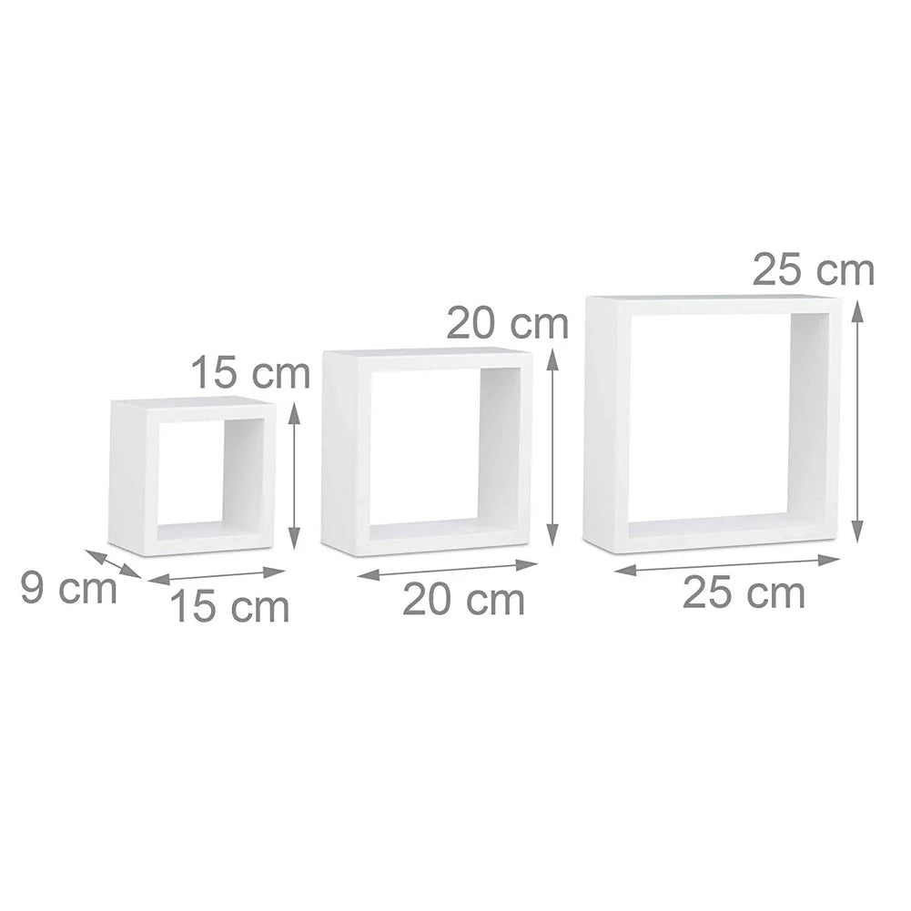 Set 3 Mensole da Parete Cubo in Legno MDF Moderne con 2 Ripiani Bianco