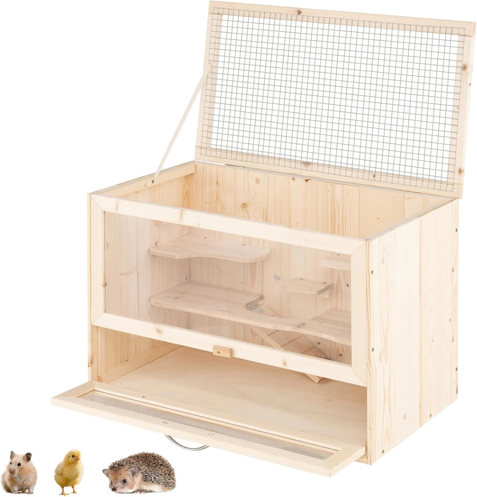 Gabbia per Criceti, Gabbia Criceti in Legno con Tetto Ribaltabile in Rete, Aree Multi-Scala, Rampa, Pannello in Acrilico e Porta Bloccabile, 60 x 35,5 x 42 cm