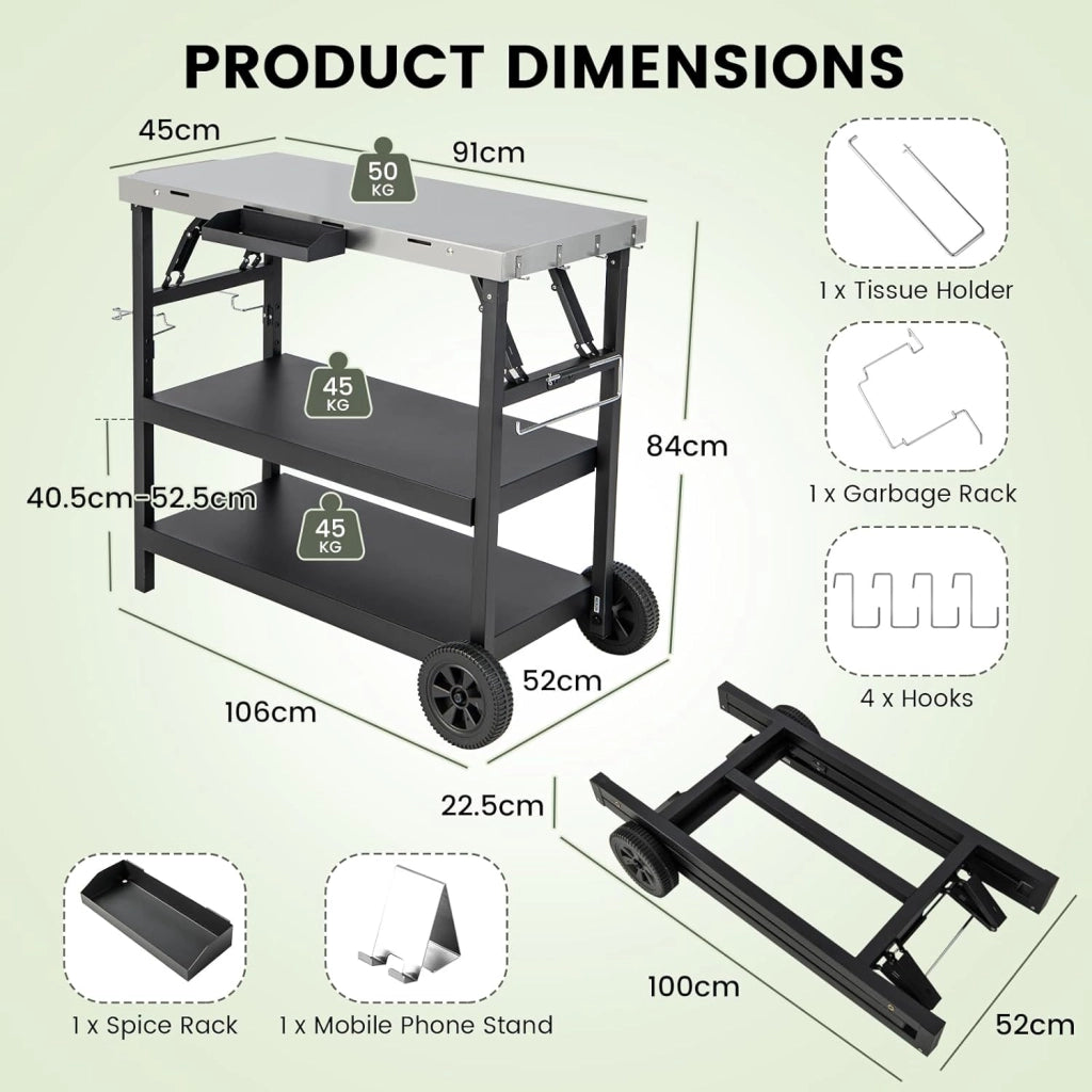 Carrello Barbecue con 3 Ripiani, Carrello per Grigliare, 106 x 52 x 84cm, Carrello da Pranzo per BBQ in Metallo, con Ripiano Regolabile, Ruote, Portasciugamani e Supporto per Cellulare, Nero