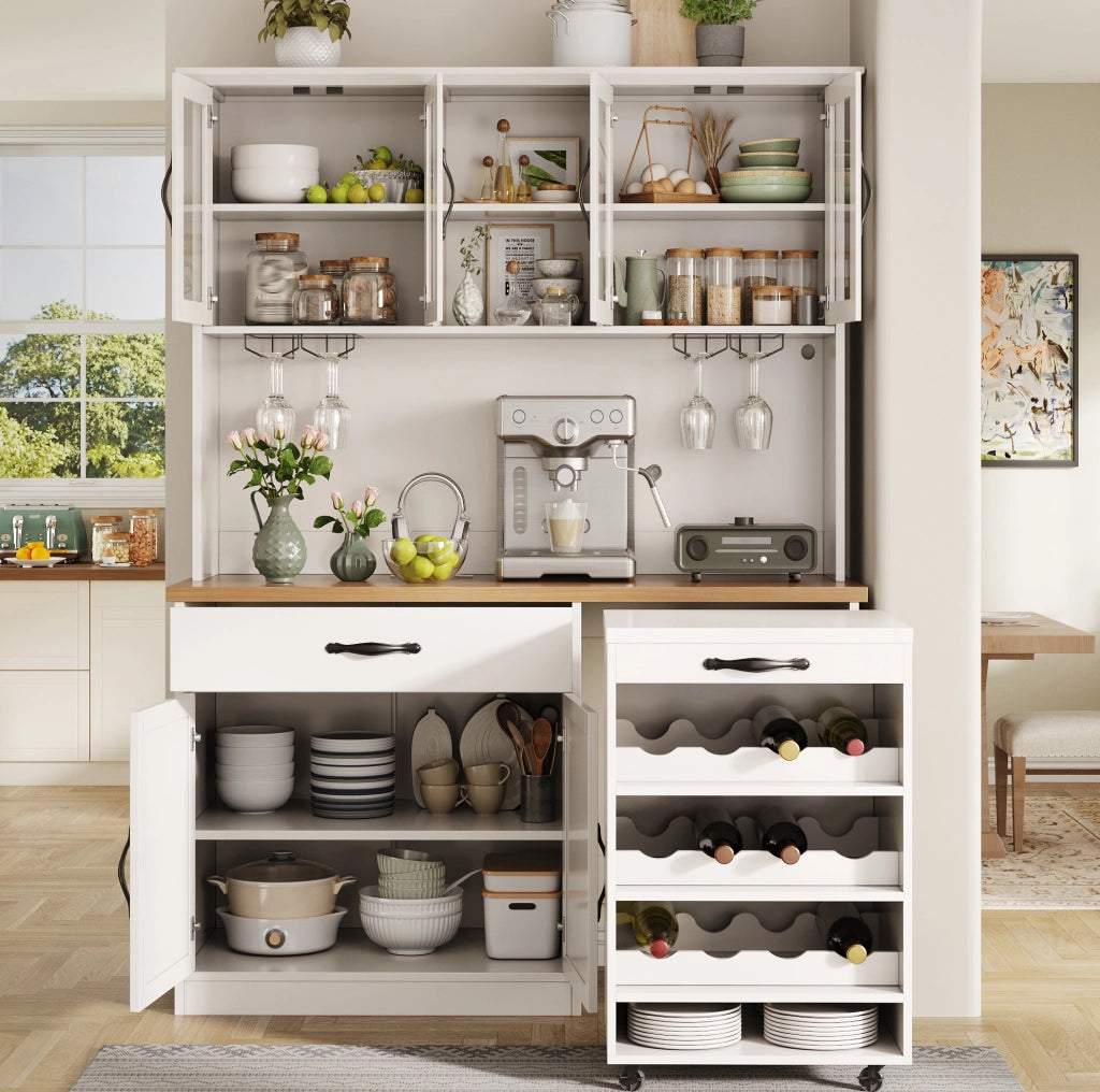 Credenza 140x38x180 cm con carrello estraibile; illuminazione LED regolabile; MDF e metallo; bianco