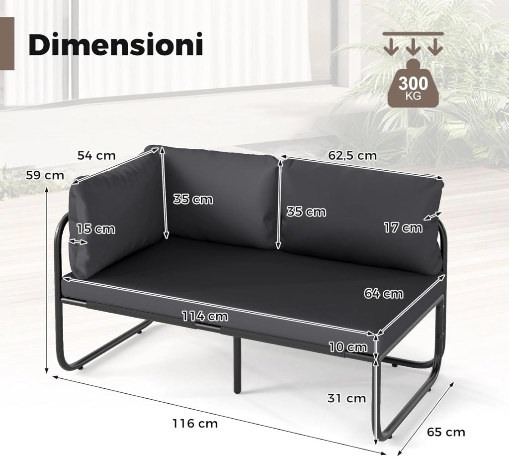 Divano da Esterno a 2 Posti, Divano con Cuscini Rimovibili, Bracciolo Laterale, Struttura in Metallo Robusta, Lettino Prendisole per Giardino Balcone, Portata 300 kg