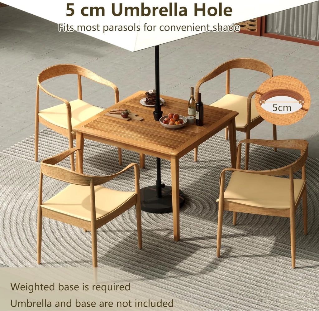 Tavolo in legno per esterni, 100/170/200 cm, tavolo da giardino in legno di acacia con foro di 5 cm, per cortile, veranda e giardino, resistente alle intemperie (100 x 100 cm)