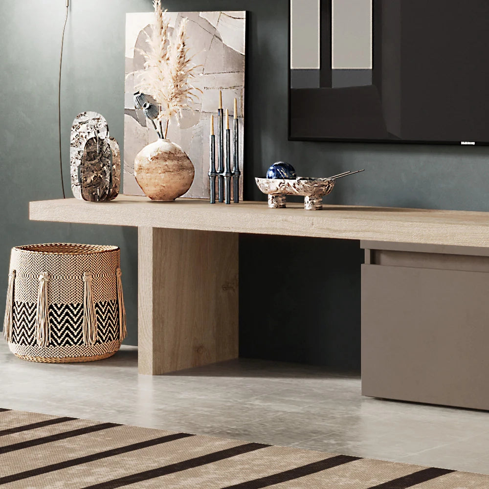 Parete Attrezzata Made in Italy Infinity 2A con Mensola "T", Base TV, 2 Cubi con anta, 2 Cubi con vano, Mensola, design moderno per soggiorno, sala da pranzo, cucina, colore Argilla/Bronzo/Cadiz