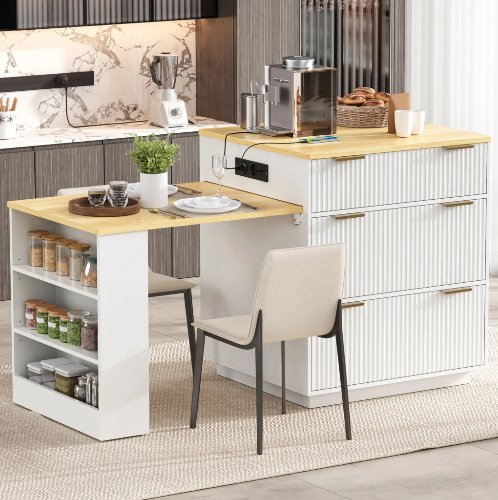 Isola cucina con tavolo estraibile, LED e prese USB, bianca