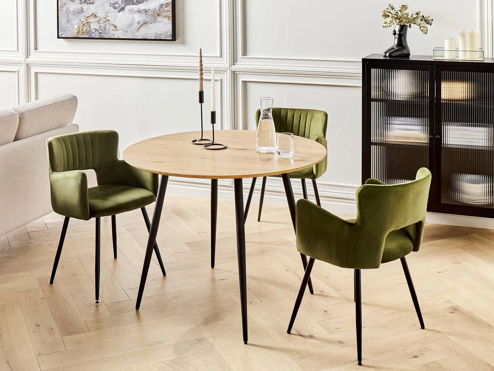 Tavolo da cucina moderno rotondo da pranzo con piano in MDF e gambe in acciaio in legno chiaro 100 cm 4 posti da cucina