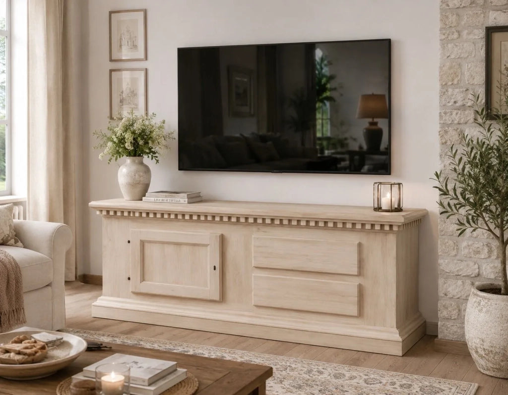 Porta tv in elgno 1 anta 2 cassetti grezzo  l.141 p.50 h.61 (902) - Mobili 2G