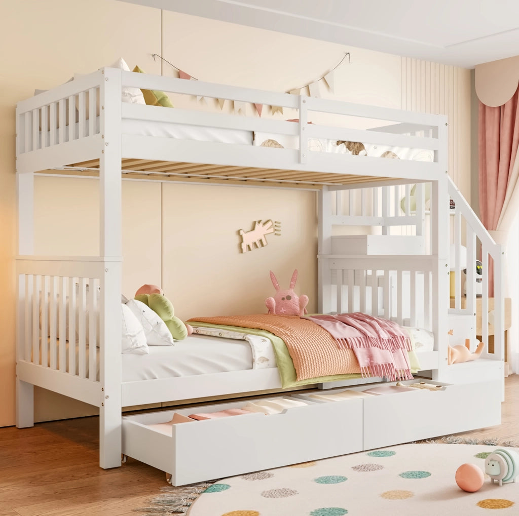 Letto a castello 90 x 200 cm bianco con scala contenitore e 2 cassetti