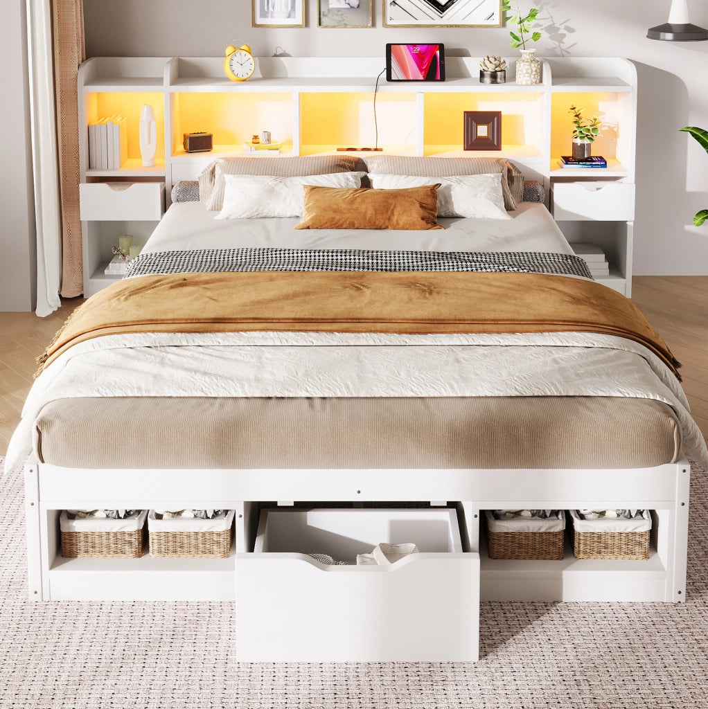 Letto piattaforma 140x200 cm con LED, USB e 3 cassetti in MDF e compensato bianco