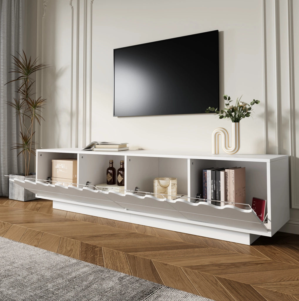 Mobile TV 170x40x45 cm con 4 ante e design ondulato in MDF e pannello truciolare bianco