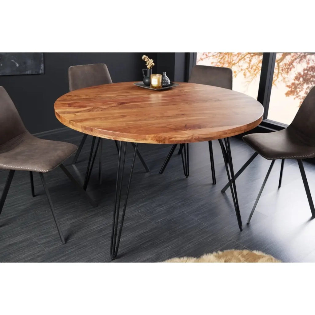 Tavolo da pranzo SILVA – Legno massiccio di acacia e metallo nero – 120 cm – Piano spesso 45 mm – Stile industriale