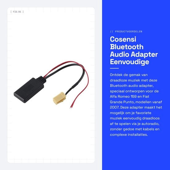 Adattatore Audio Bluetooth - Installazione Facile - Plug and Play - Adatto per Alfa Romeo 159 e Fiat Grande Punto