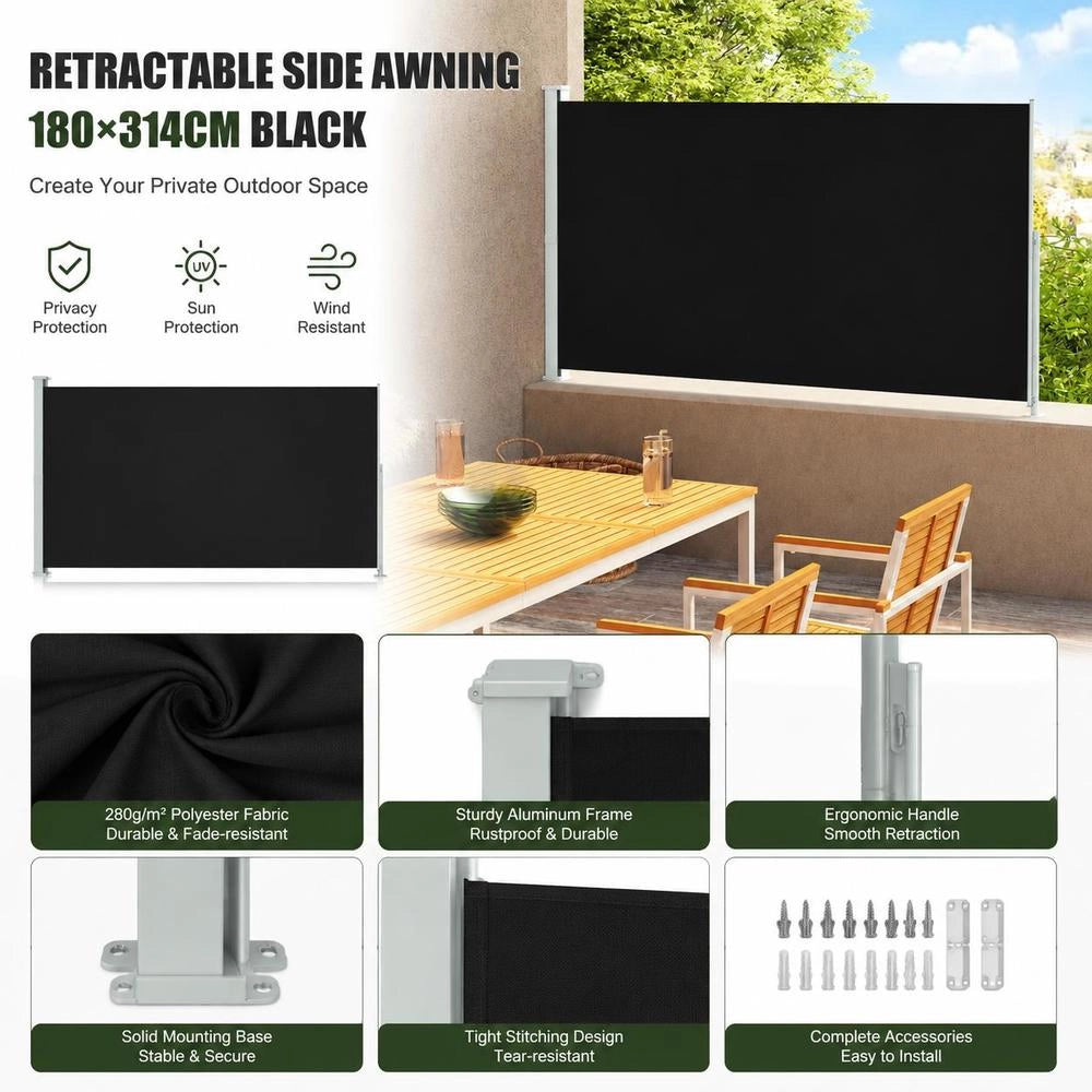 Extendable Side Awning 180x300 Cm Black