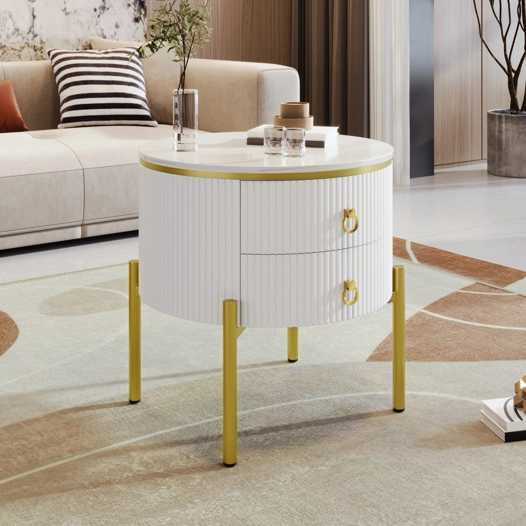 TAVOLINO da salotto 50x51 cm bianco e oro in MDF con 2 cassetti