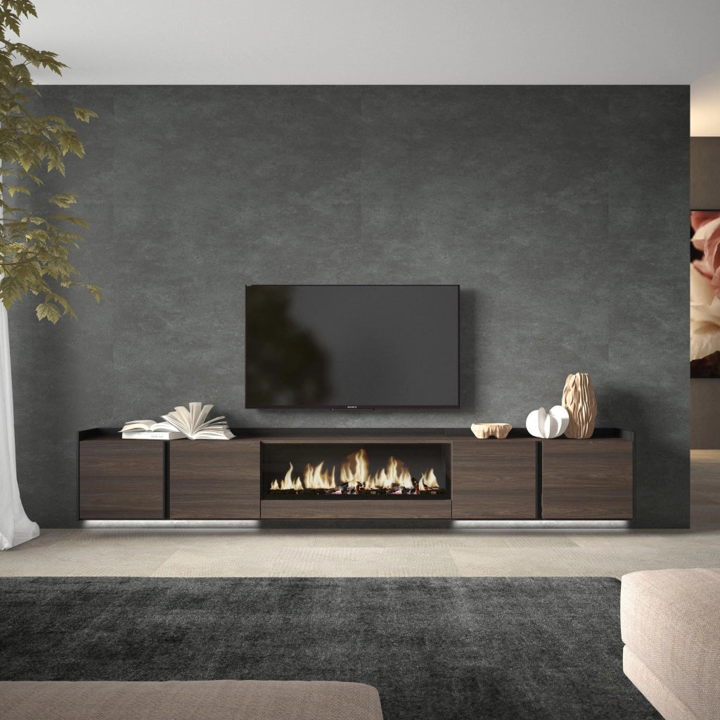 Mobile TV Soggiorno, 315x50x35 cm, Per TV fino a 80", Camino elettrico XXL, Sospeso, da appendere, LED, Rovere scuro e Nero