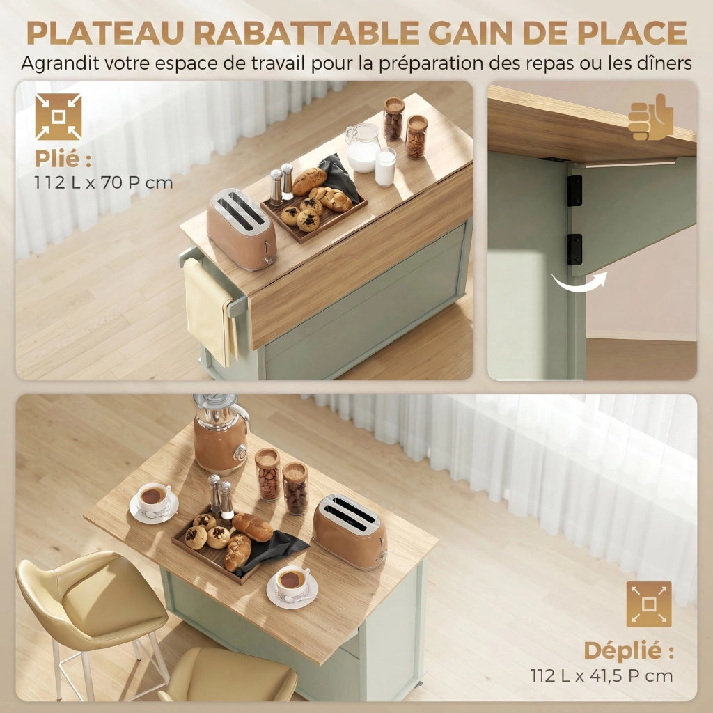 Tavolo da cucina allungabile con rotelle e cassetti ¨C zephmum ¨C verde 120x60x90 cm
