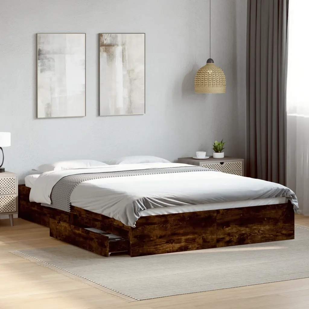 Letto matrimoniale | Letto per adulti | Giroletto con Cassetti Rovere Fumo 160x200 cm Legno Multistrato