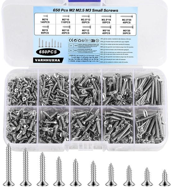 Set di viti autoalimentanti 650 pezzi M2 M2.5 M3 per legno - Viti Phillips per legno - Assortimento di viti per legno per riparazioni domestiche