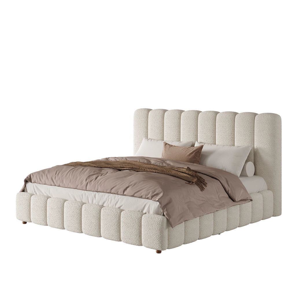Letto imbottito 160x200 cm con contenitore idraulico; doghe incluse; bouclé bianco